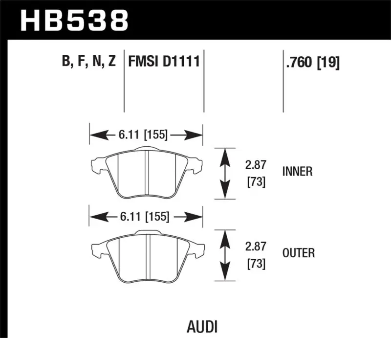 Hawk 09 Audi A4 Cabriolet / 05-07 A4 / 05-09 A4 Quattro / 06-09 A6 / 08 Vw R32 Hps Front Brake Pads 1