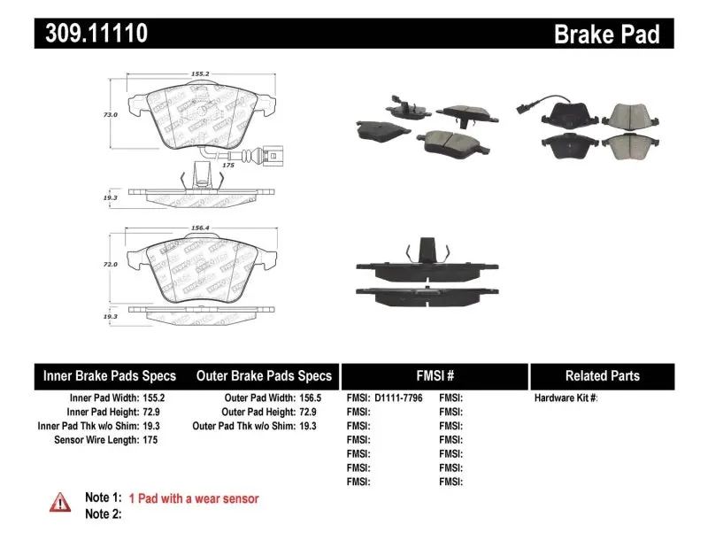 Stoptech Performance 08-13 Audi Tt Quattro / 12 Vw Golf R Front Brake Pads 1