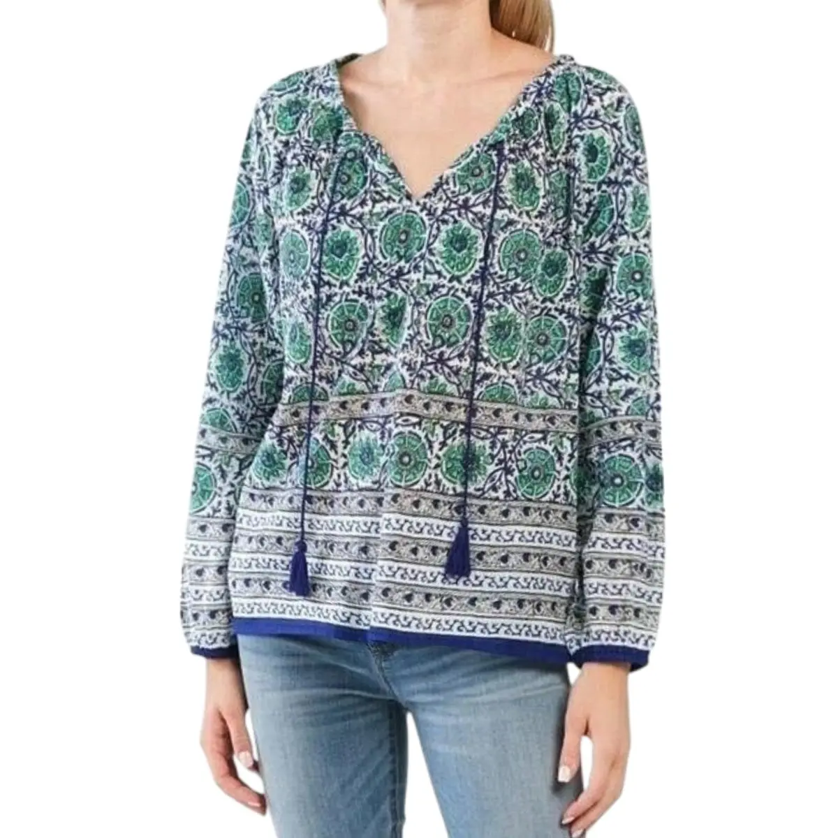 Cynthia Rowley Boho Floral Print Cotton Keyhole Peasant Top Blouse 1