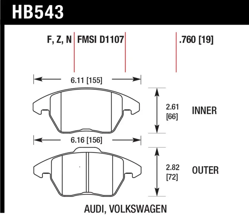 Hawk Audi A3/Tt / Vw Eos / Golf / Jetta / Passat / Rabbit Dtc-60 Front Race Brake Pads 1