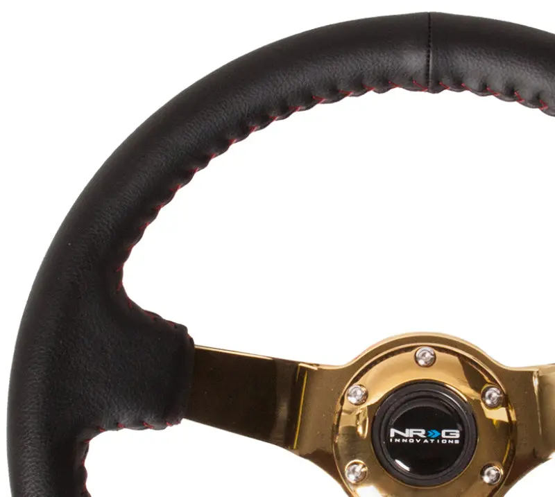 Nrg Reinforced Steering Wheel (350Mm / 3In. Deep) Blk Leather/Red Bball Stitch W/4Mm Gold Spokes 1