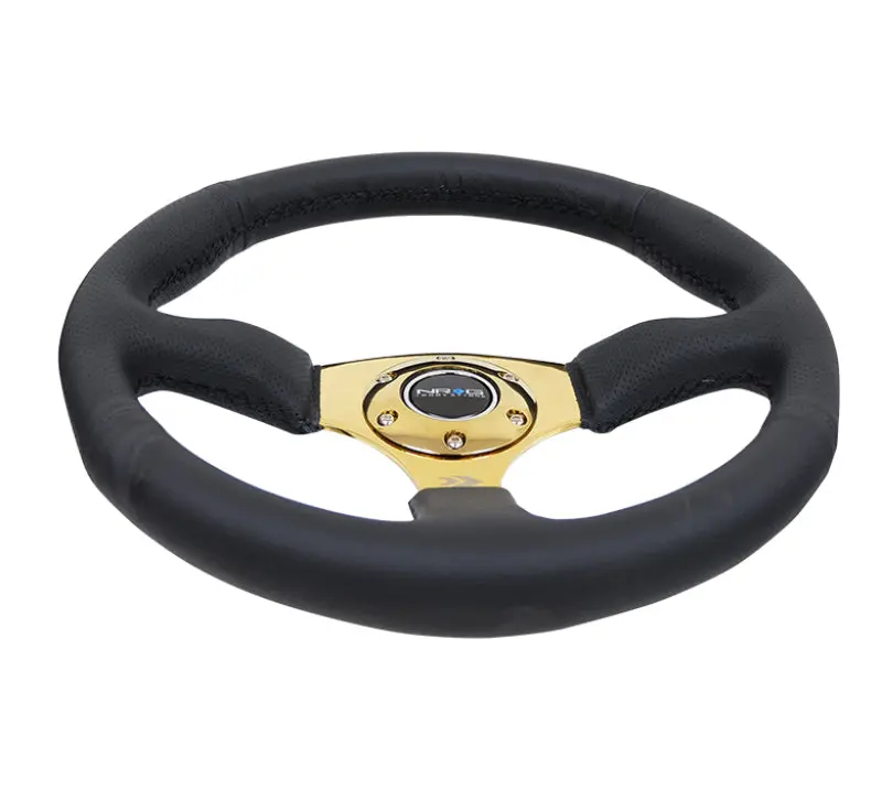 Nrg Reinforced Steering Wheel (350Mm / 2.5In. Deep) Leather Race Comfort Grip W/4Mm Gold Spokes 1