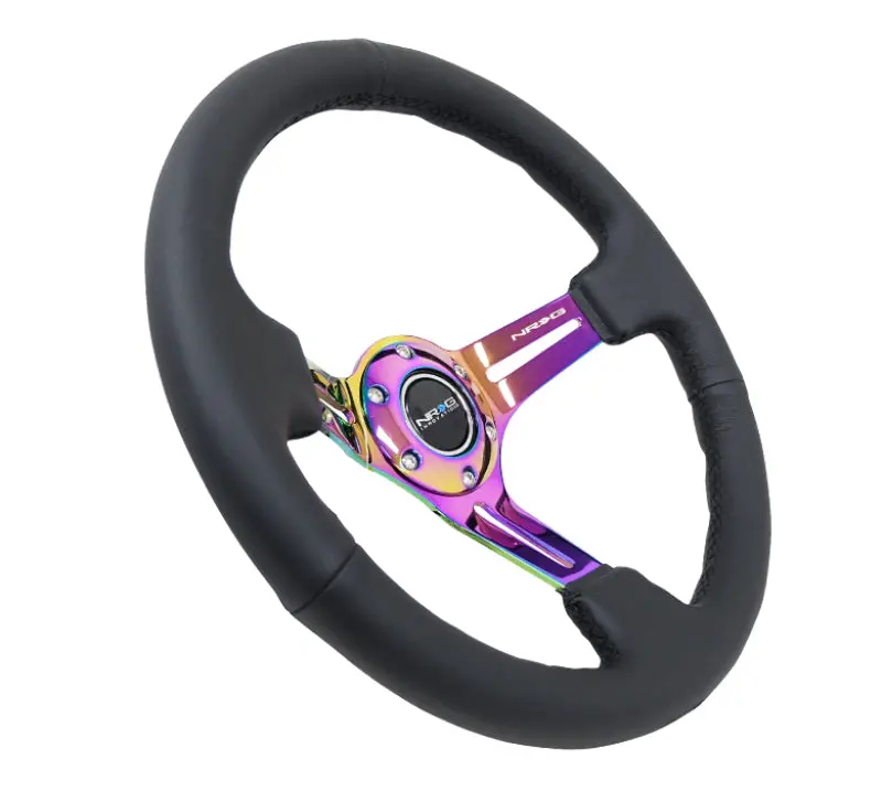 Nrg Reinforced Steering Wheel (350Mm / 3In. Deep) Blk Leather/Blk Stitch W/Neochrome Slits 1