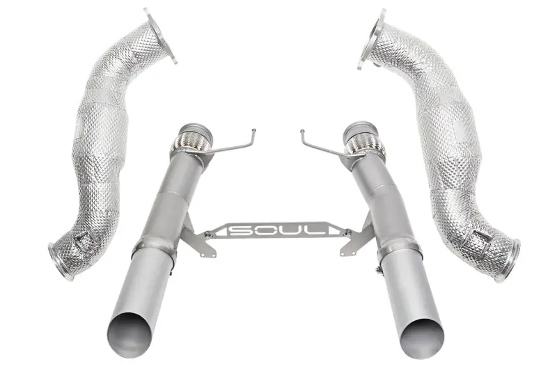 Soul 2017+ Mclaren 720S 3.5In Sport Exhaust Package (200 Cell Cats) - Slash Cut Silver Ceramic Tips 1