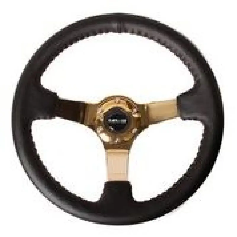 Nrg Reinforced Steering Wheel (3In Deep / 4Mm) 350Mm Blk Leather W/Red Bball Stitch & Gold Spoke 1