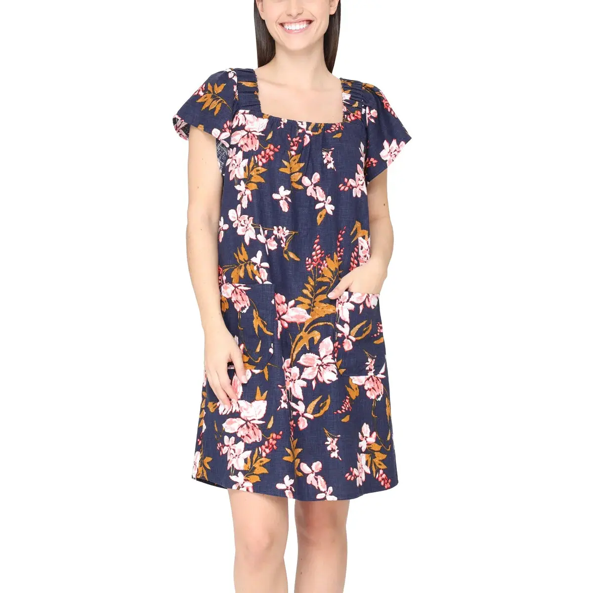 Nicole Miller Women's Flutter Sleeves Floral Print Linen Blend Mini Dress 1