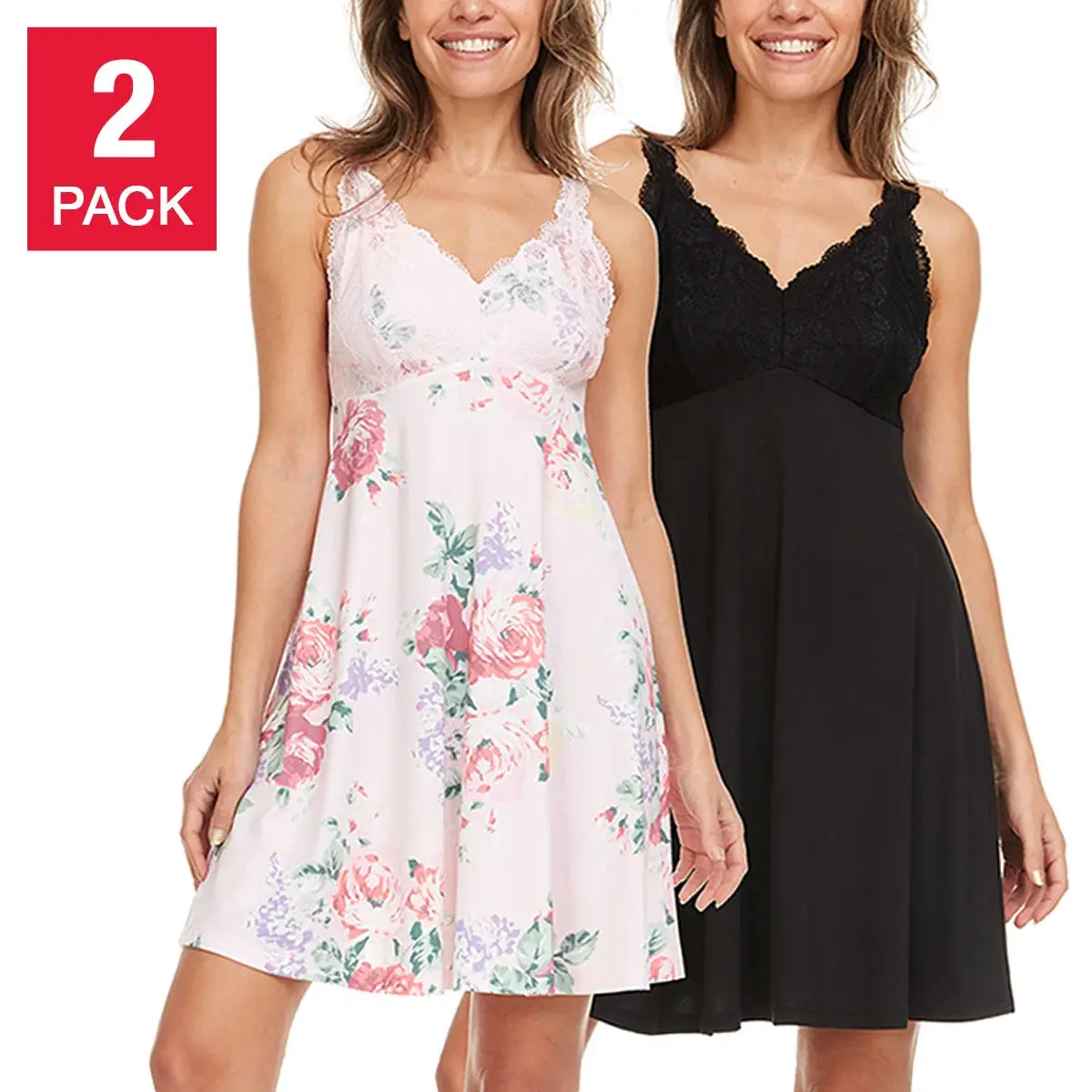 Flora Nikrooz Women's 2-Pack V-Neck Lightweight Soft Lace Trim Chemise 1