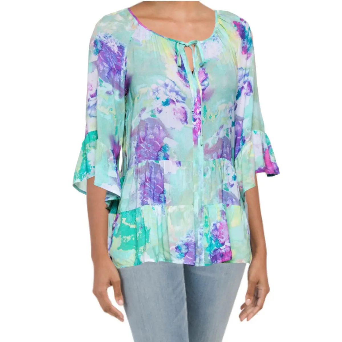 Cupio Blush Peasant Ruffle Sleeves Tired Hem Watercolor Print Blouse Tunic 1
