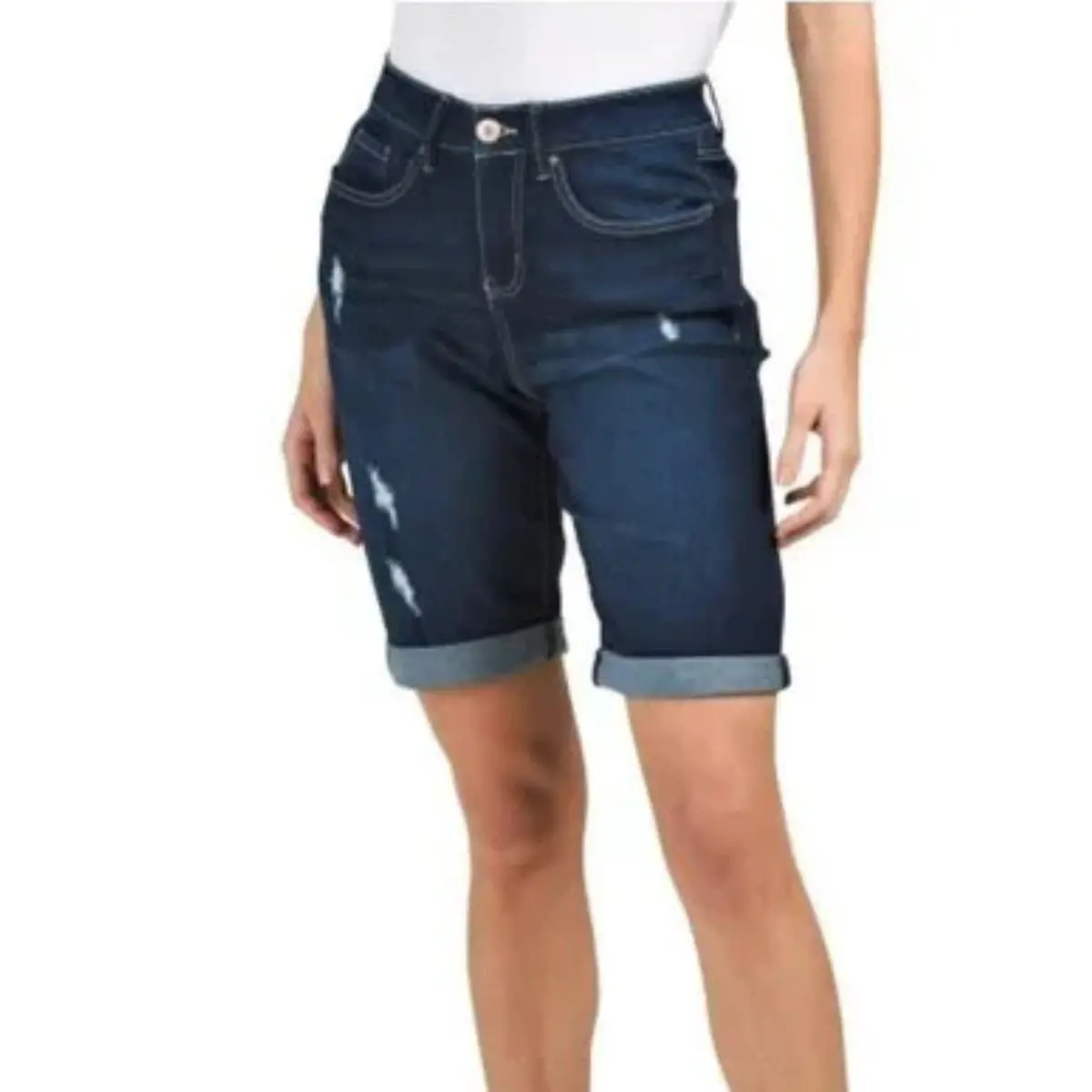 Royalty Women's High Rise Roll Cuff Destructed Denim Slim Bermuda Jean Shorts 1