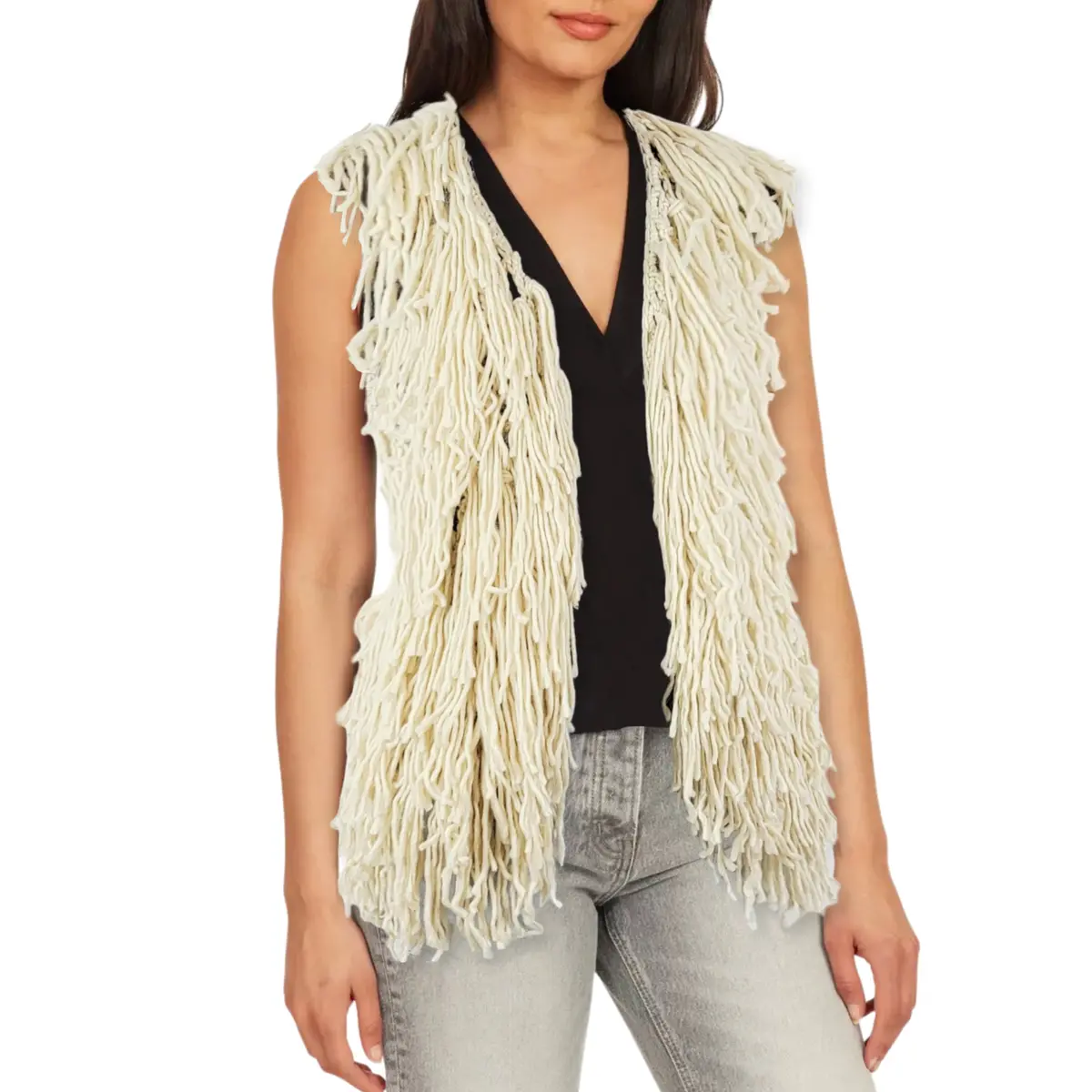 Abs Allen Schwartz Women's Boho Open Front Shaggy Layered Fringe Vest 1