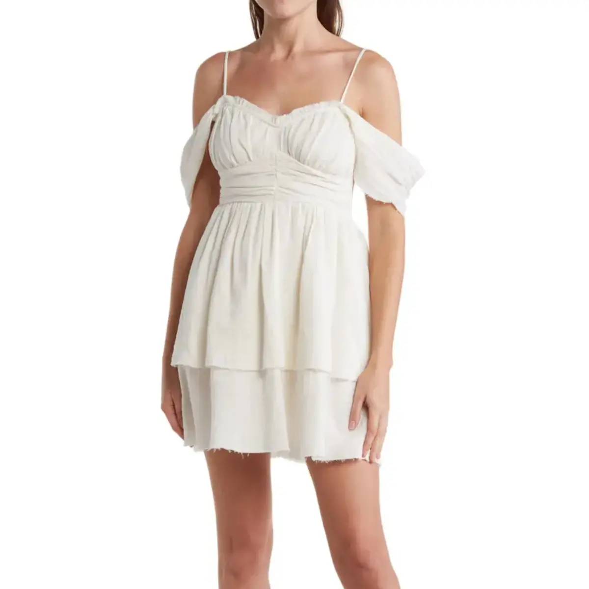 Asos Women's Cold Shoulder Sweetheart Neck Crinkled Cotton Layered Mini Dress 1