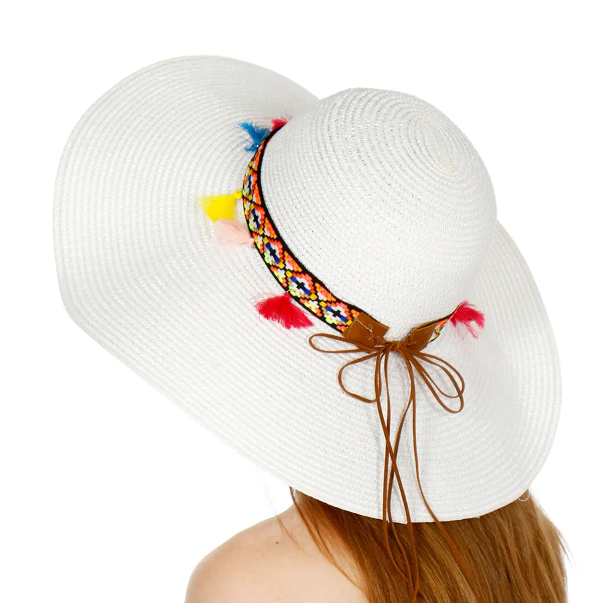 A&O Women's Wide Brim Colorful Tribal Band With Tassels Paper Floppy Sun Hat 1