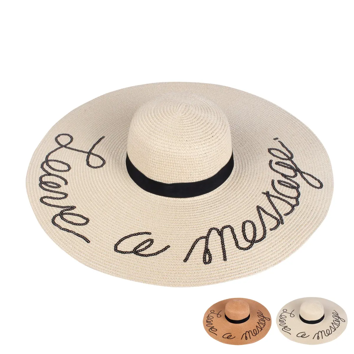 A&O Women's  Leave A Message Sequin Lettering Wide Brim Straw Floppy Sun Hat 1