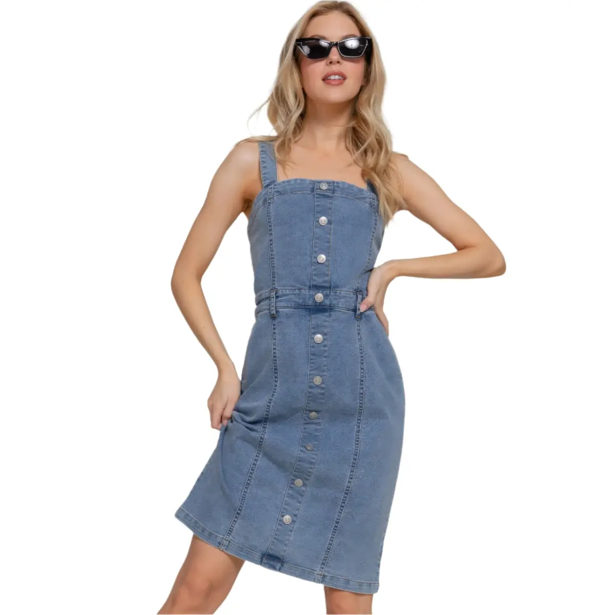 Button Down Placket Stretch Denim Dress 1