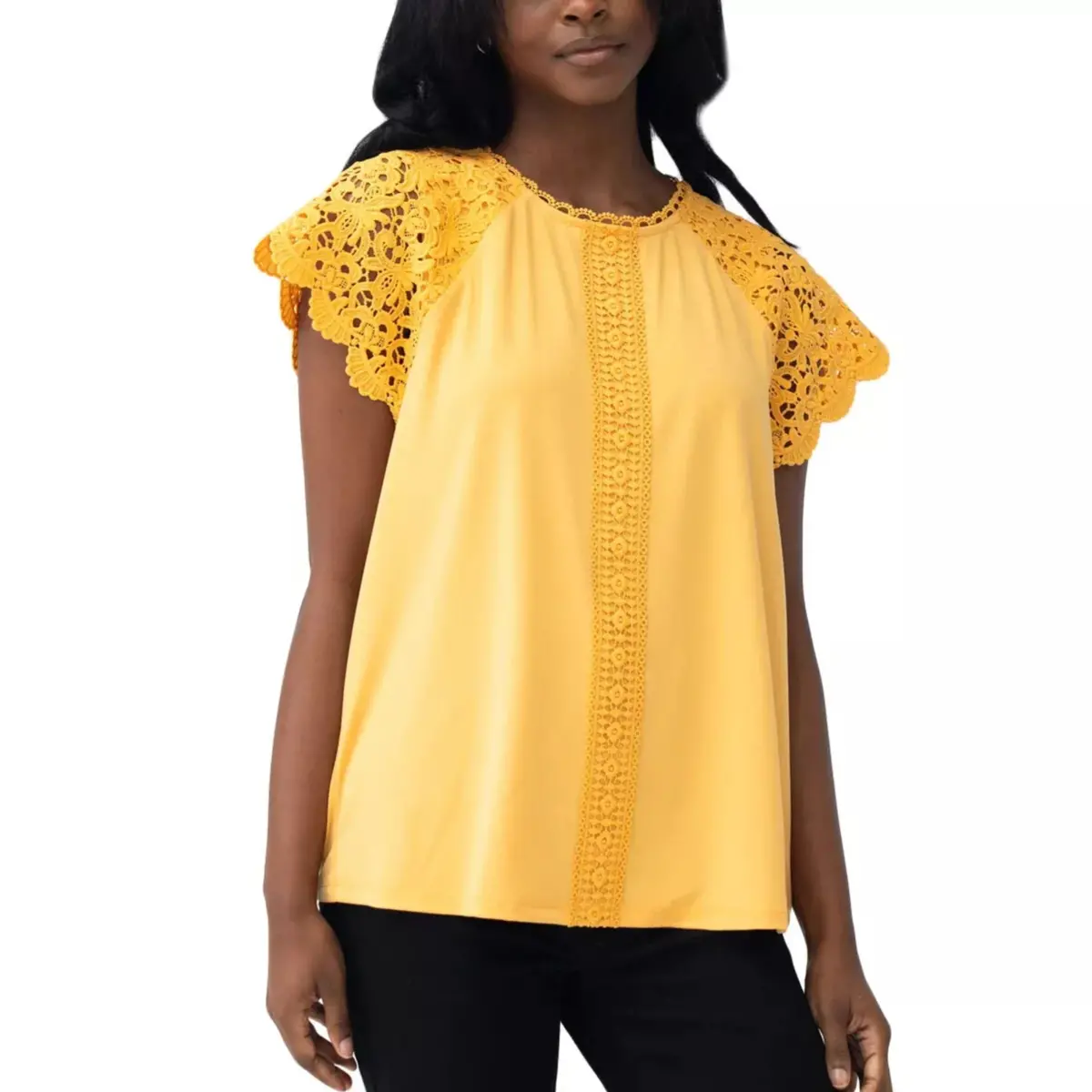 Cable & Gauge Women's Lace Trim Flutter Sleeves Top Blouse 4