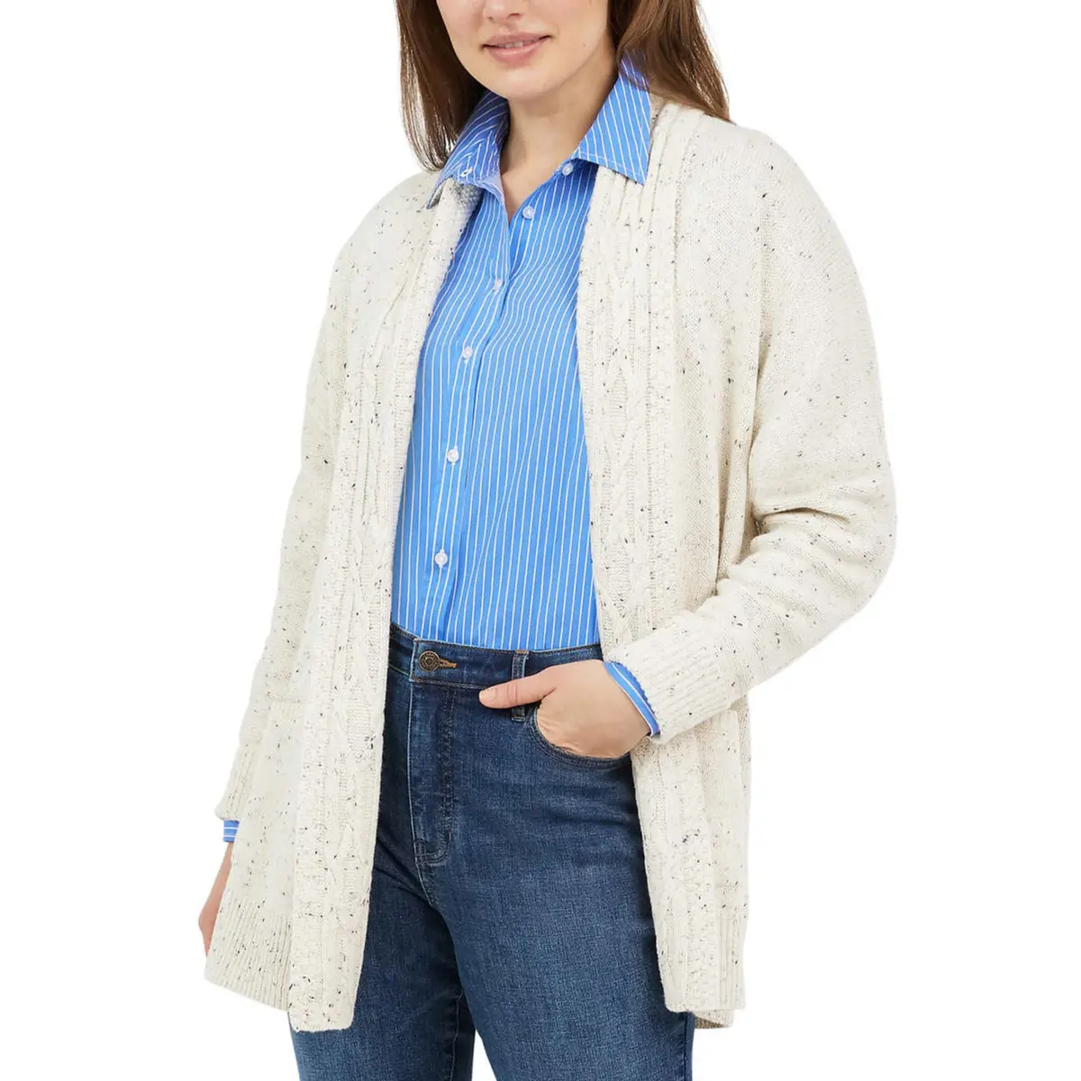 Chaps Women's Cotton Blend Cable Knit Shawl Collar Open Front Cardigan 1