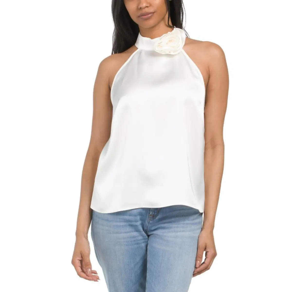 Cynthia Rowley Women's Satin Finish Sleeveless Floral Applique Halter Top Blouse 1