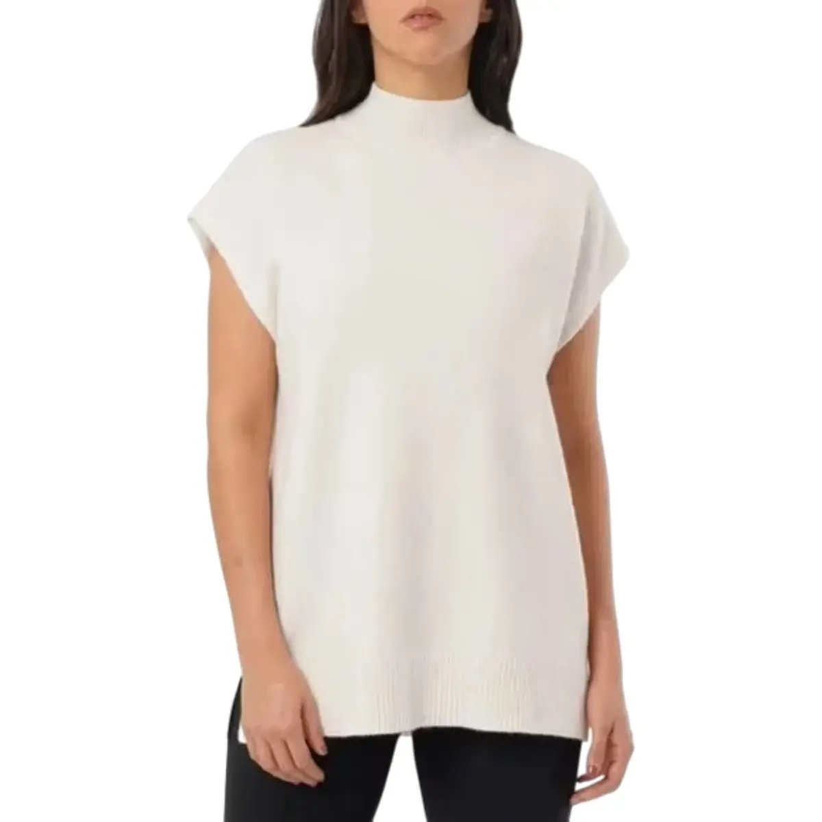 Cyrus Women's Mocked Neck Sleeveless Side Slits Soft Knit Tunic Sweater 1