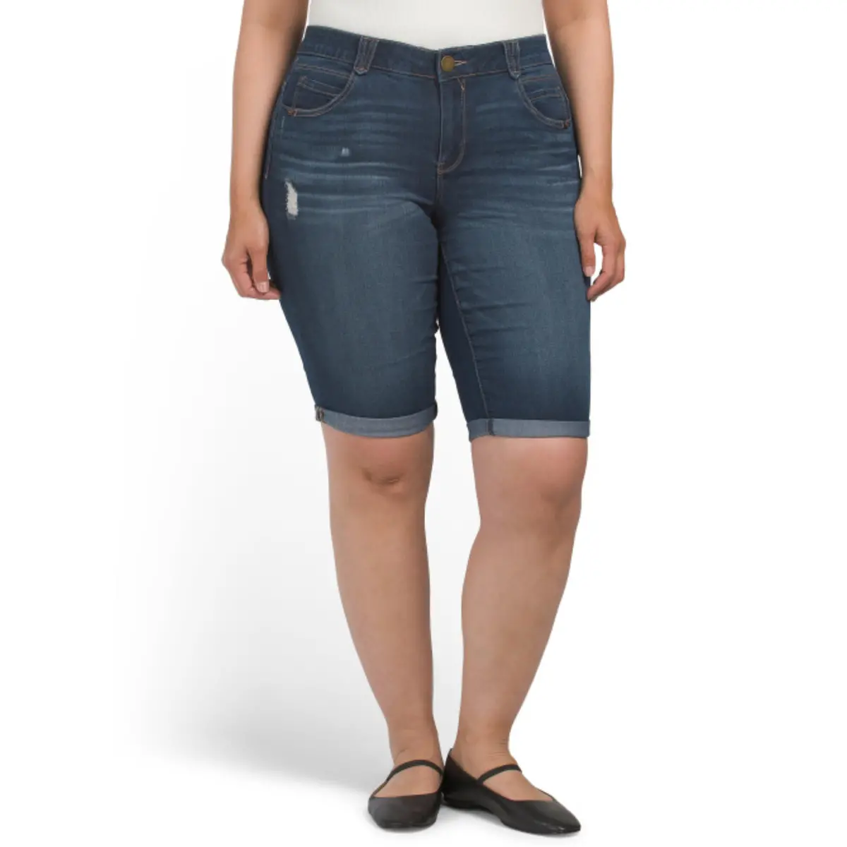 Democracy Women's Plus High Rise Ab Solution Distressed Denim Bermuda Shorts 1