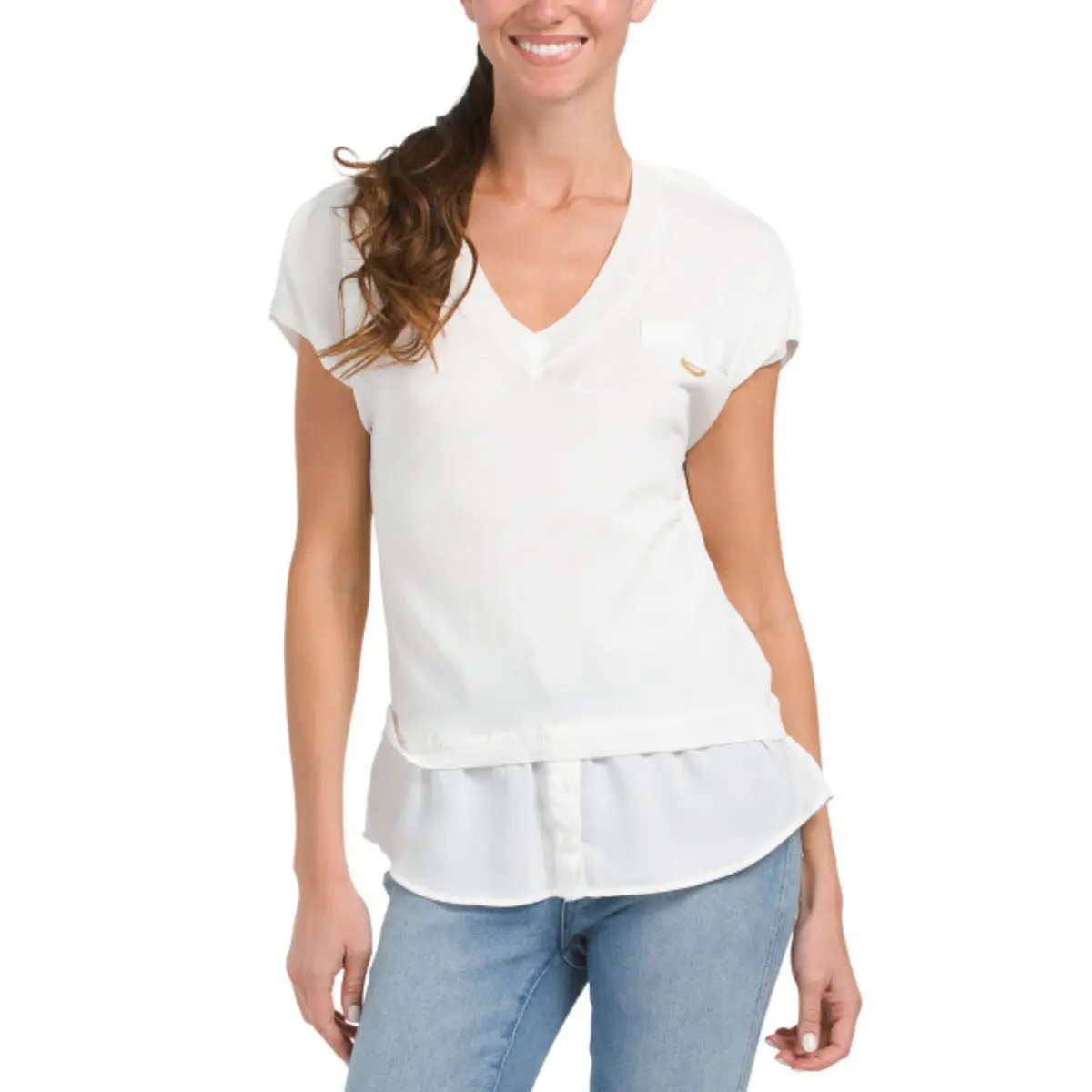 Ellen Tracy Women's Short Sleeve Twofer V-Neck Knit Mixed-Media Top 1