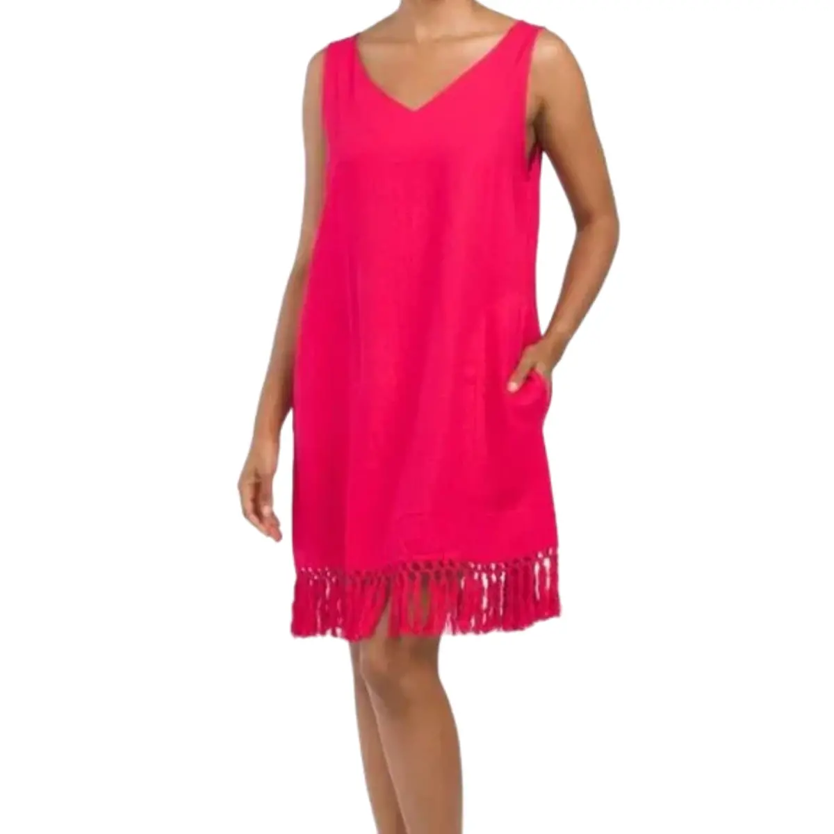 Forcynthia Women's Linen Blend Sleeveless V-Neck Fringe Hem Mini Dress 1