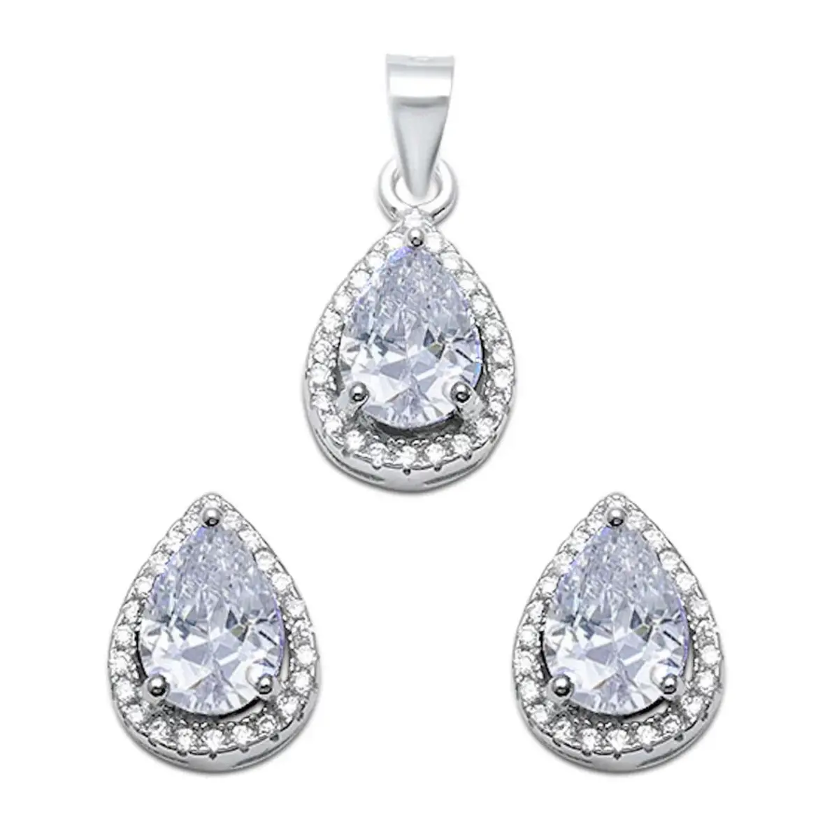 Fashion Women's 925 Sterling Silver Pear Shape Cubic Zirconia Pendant & Earring Set 1