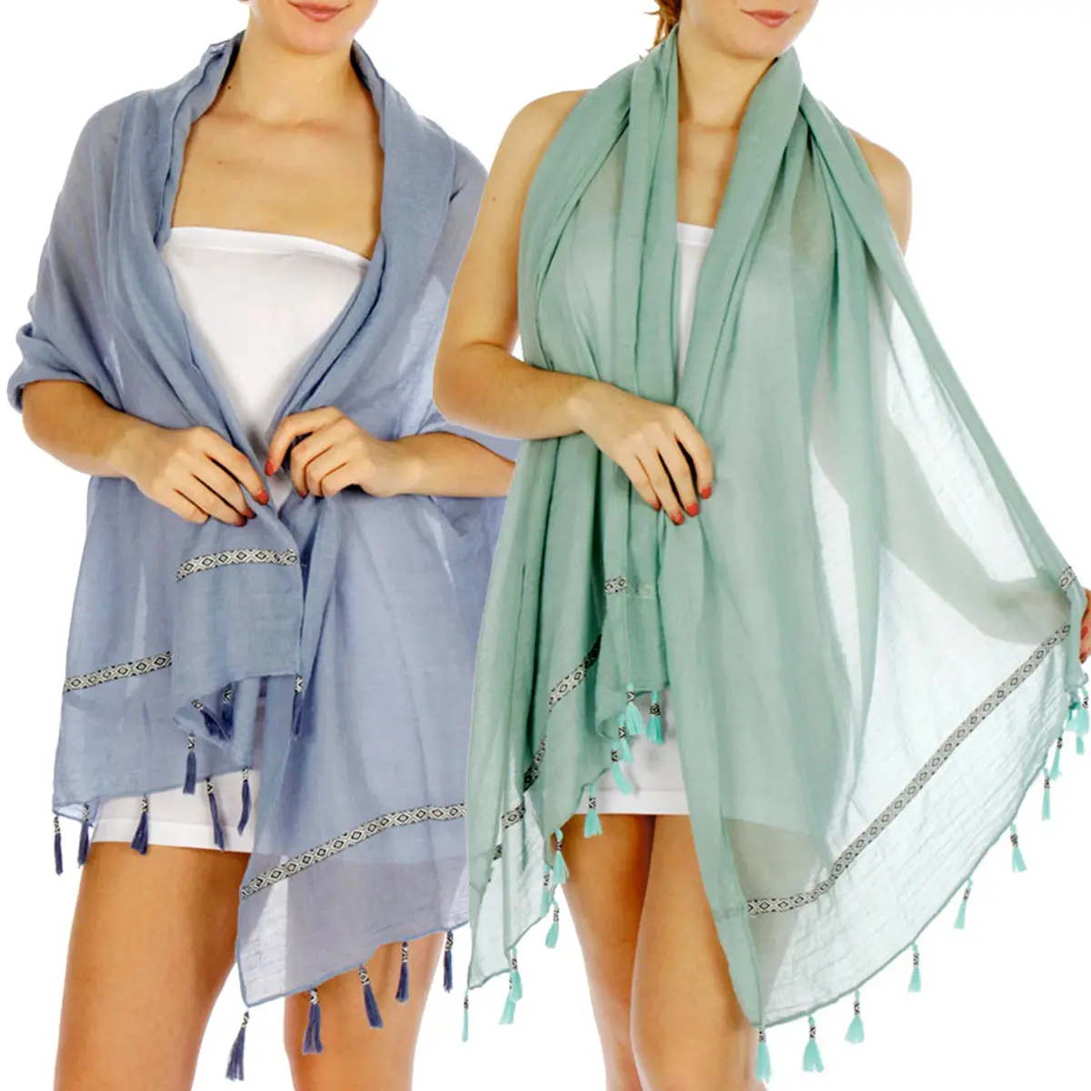 Feria Mode Women's Lightweight  Aztec Insert Trim Tasseled Scarf Shawl Wrap Cover-Up 1