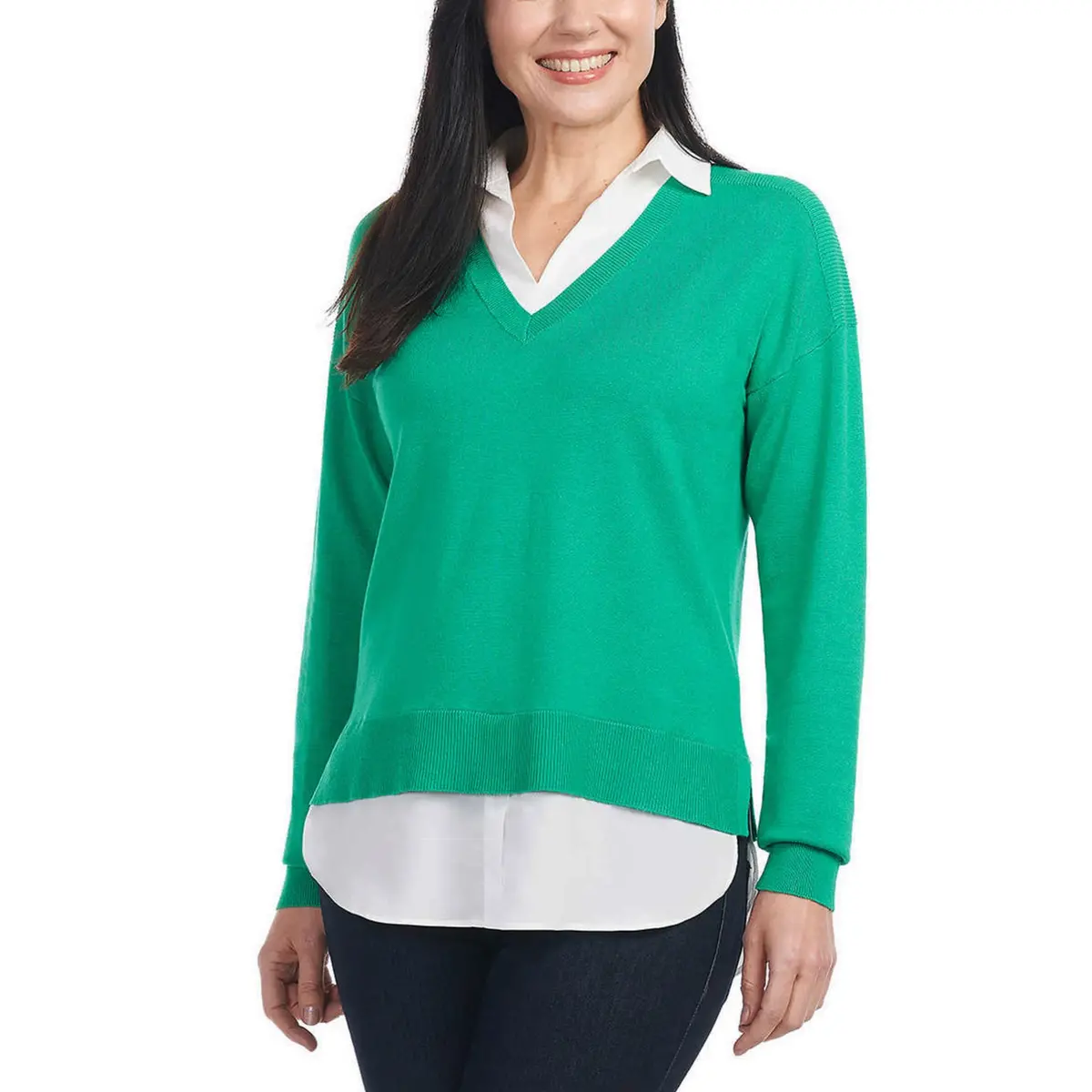 Hilary Radley Women's Collared V-Neck Soft 2-Fer Sweater 1