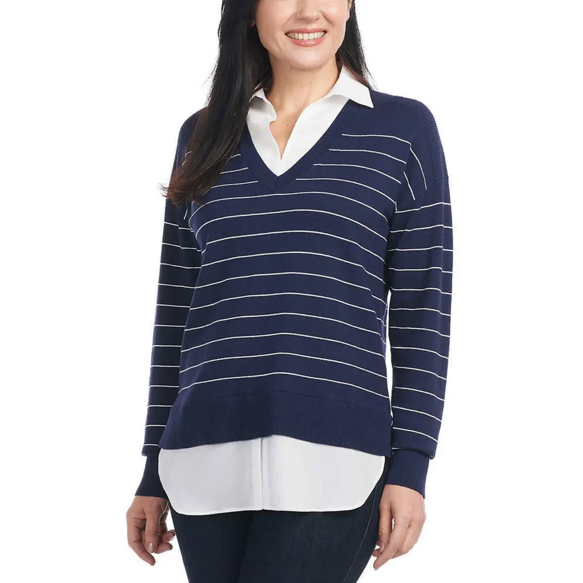 Hilary Radley Women's Collared V-Neck Soft 2-Fer Sweater 1