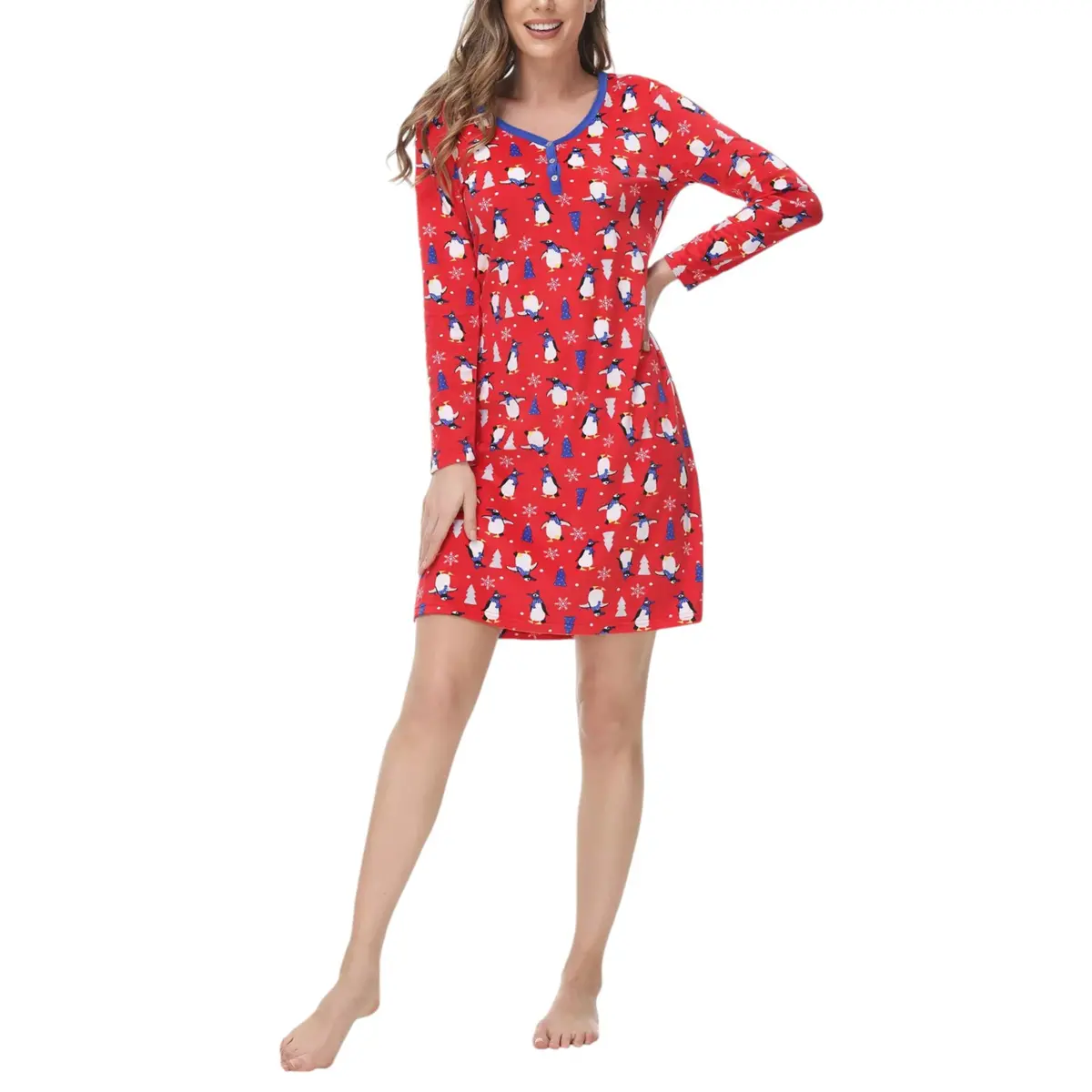 Ink + Ivy Women's Long Sleeve Christmas Print Notch Collar Sleepshirt Nightgown 1