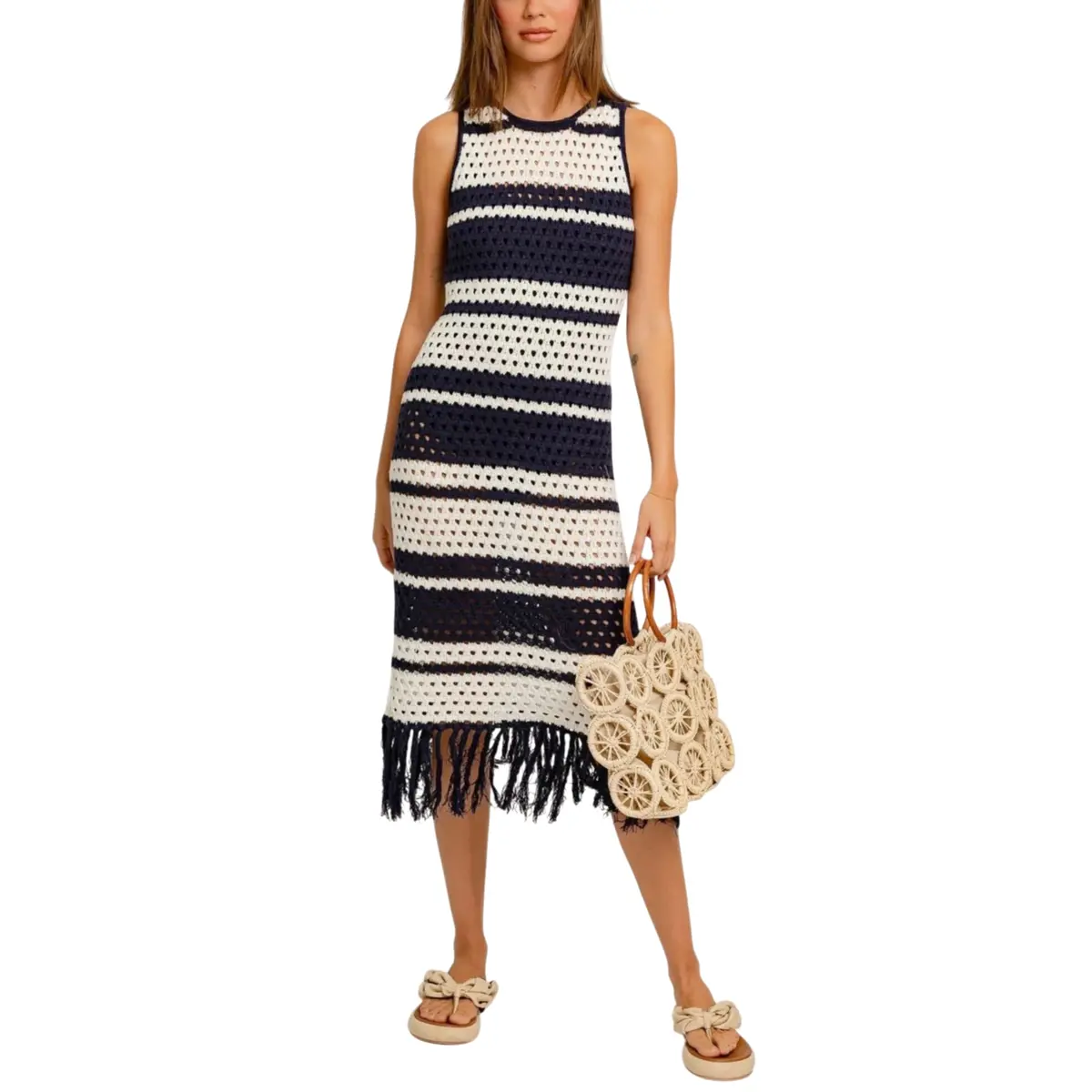 Le Lis Women's Crochet Fringe Trim Cotton Blend Striped Midi Dress 1