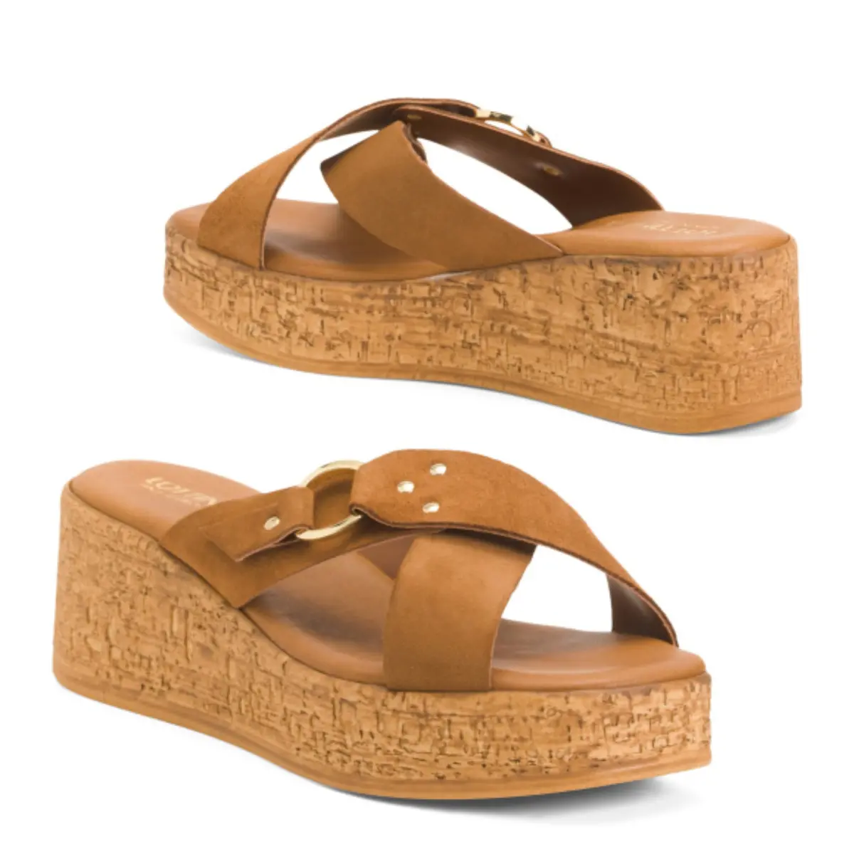 Lottini Made In Italy Suede Cross Band With Buckle Cork Wedge Slide On Sandals 1