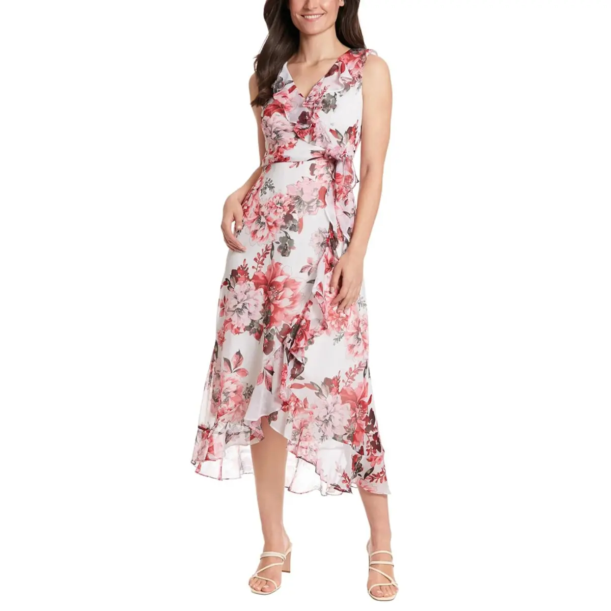 London Times Women's Floral Pint Side Tie Ruffle Wrap Maxi Dress 1