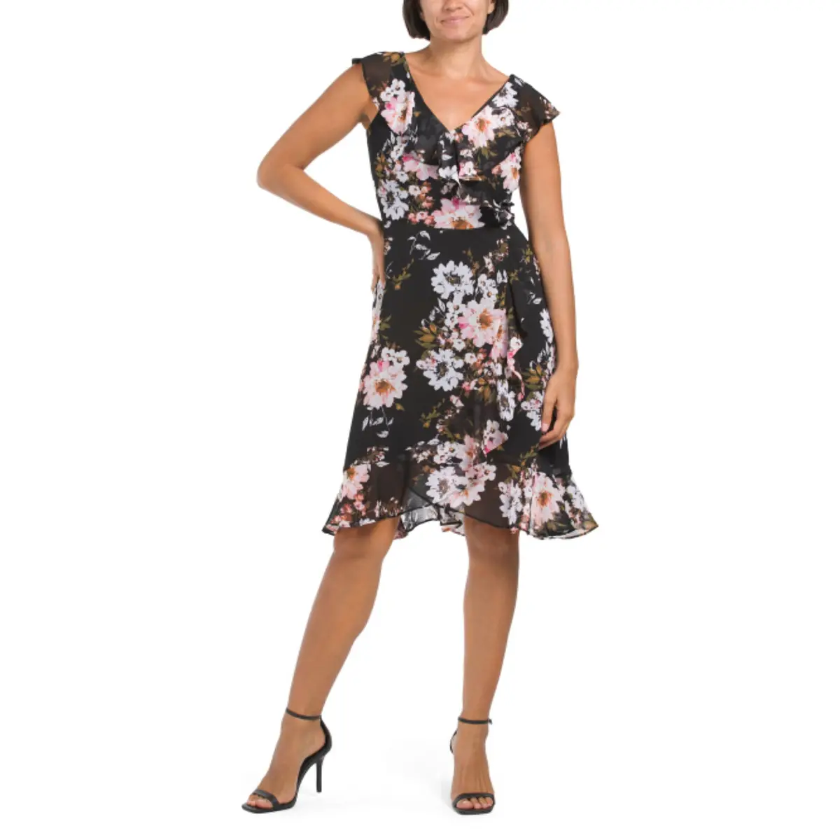 London Times Women's Floral Print Ruffle Trim Wrap Mini Dress 1
