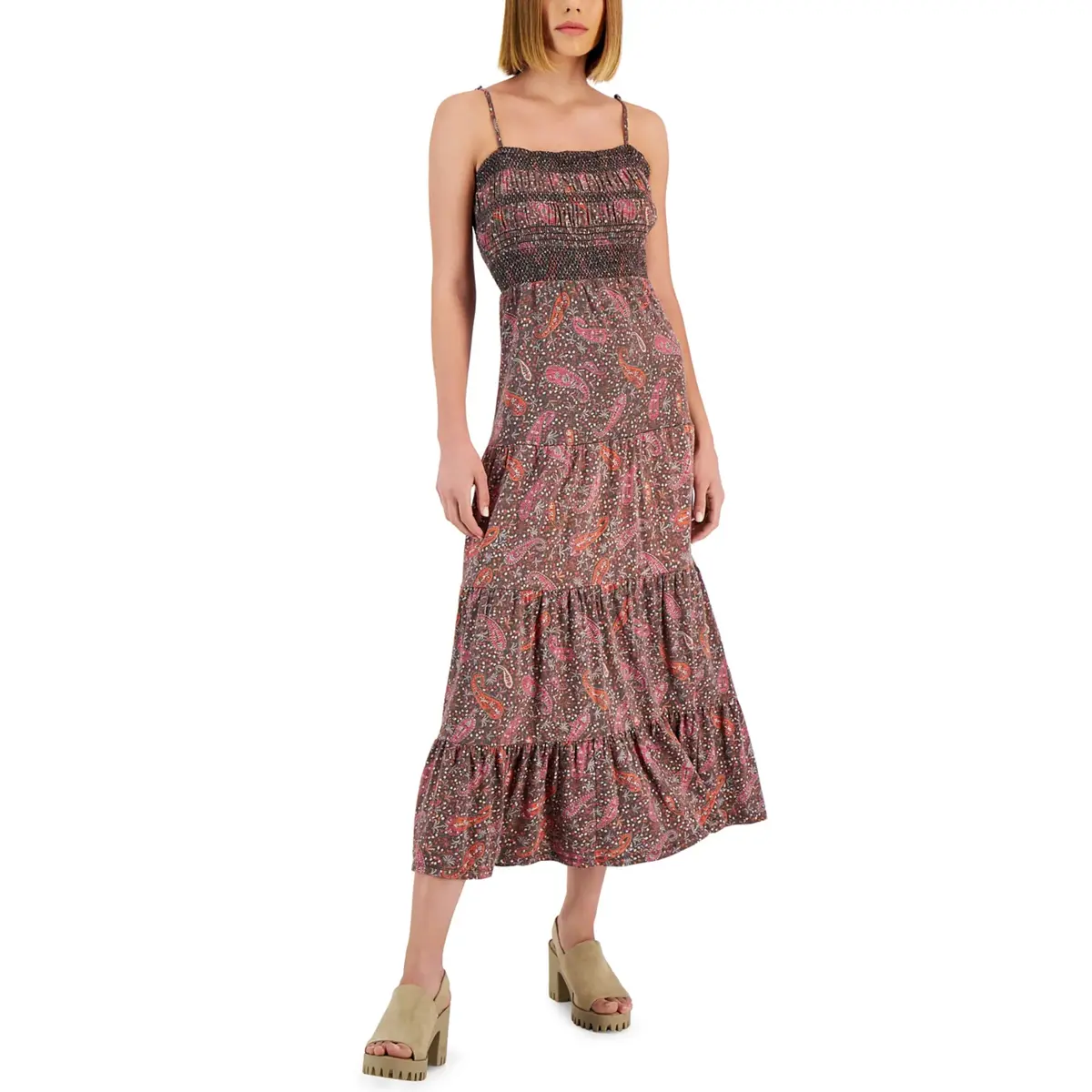 Lucky Brand Women's Paisley Print Embroidered Cotton Cut-Out Tie Back Tired Maxi Dress 1