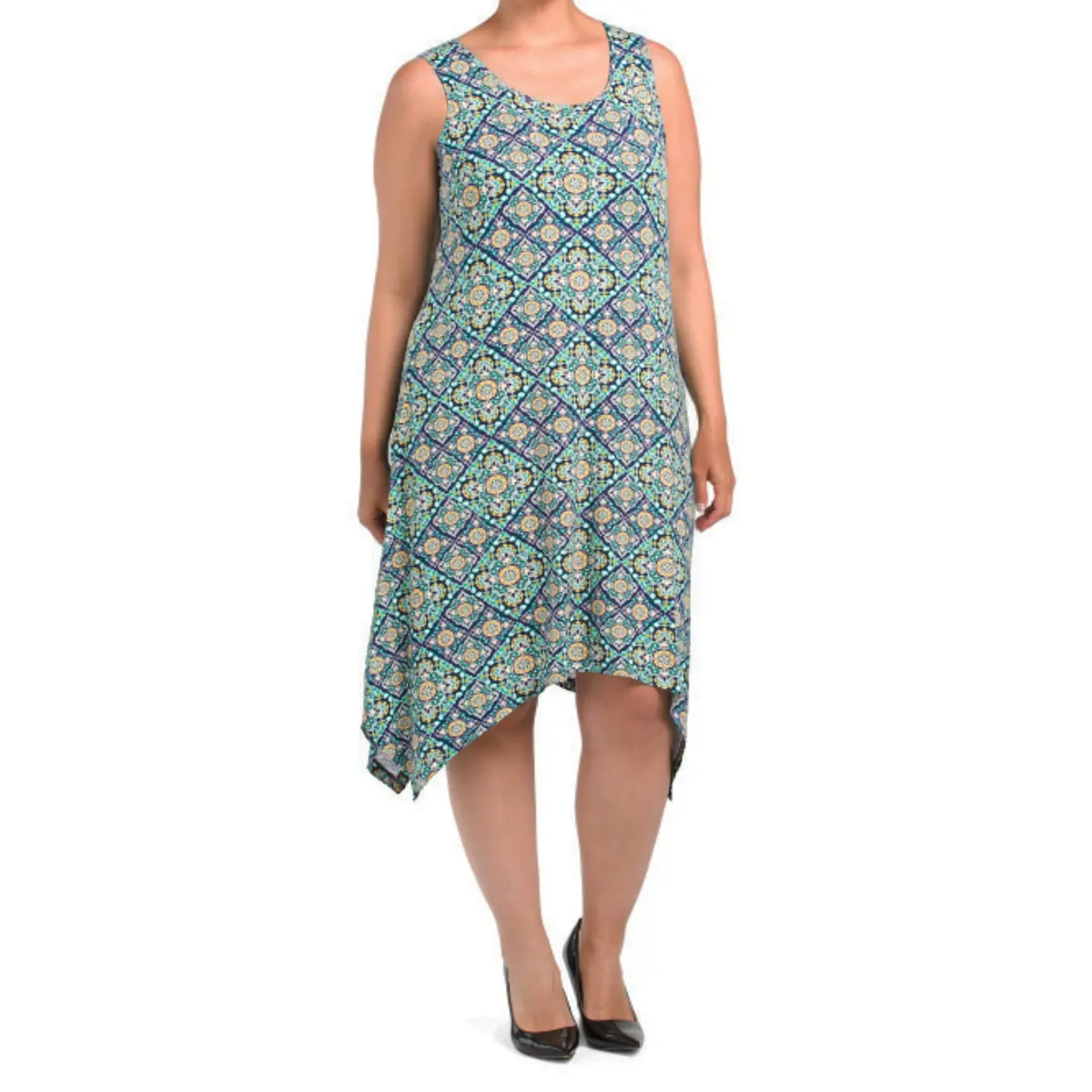 Lucky Brand Women's Plus Patchwork Print Sharkbite Hem Trapeze Midi Dress 1