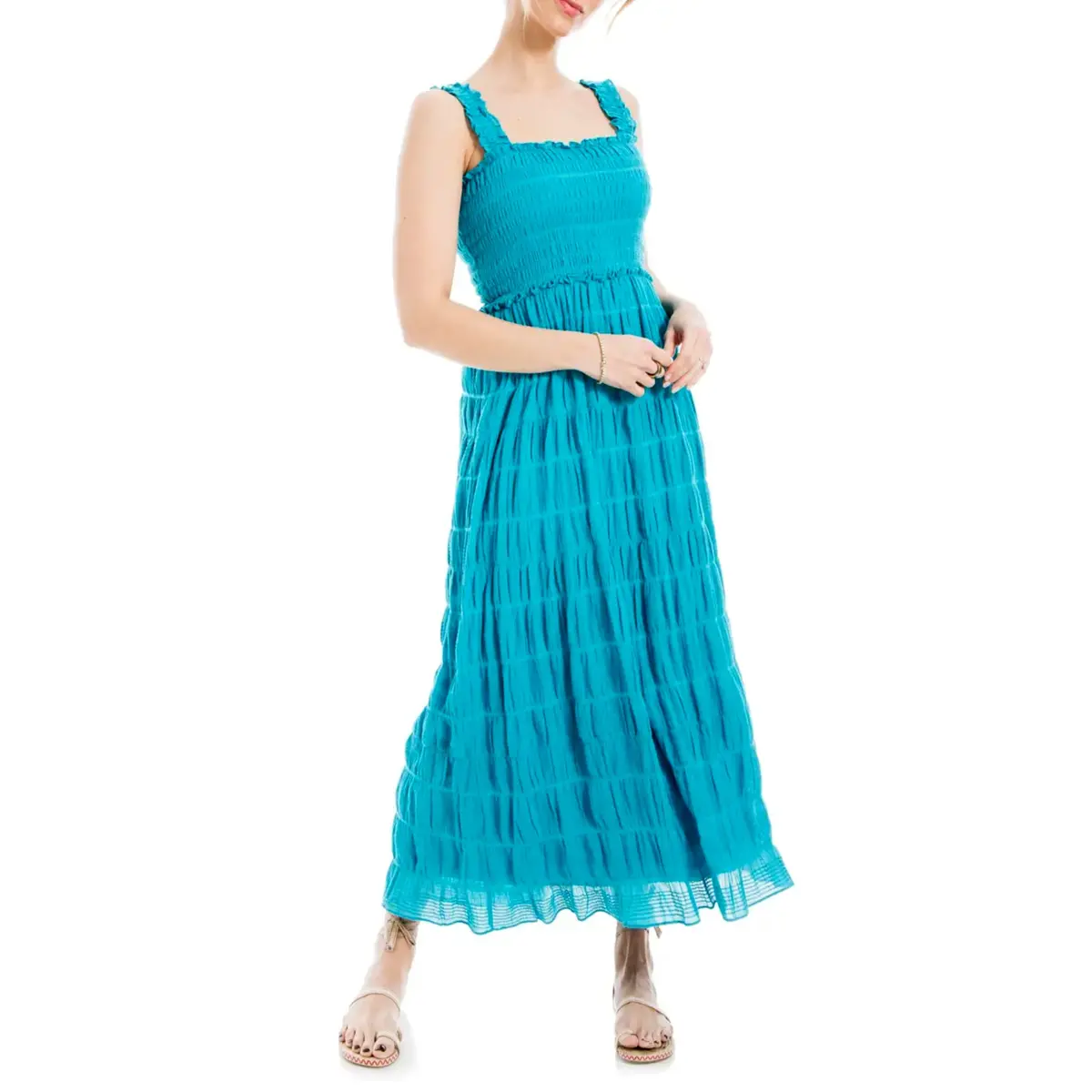 Max Studio Women's Square Neck Smocked Textured Cotton Maxi Dress 1