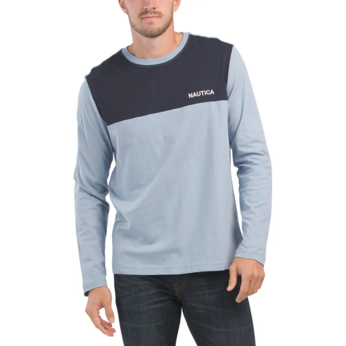 Nautica Men's Long Sleeve Tee Soft Cotton Jersey Color Block Logo Tee T-Shirt 1