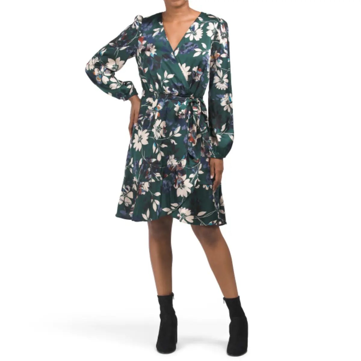 Nicole Miller Ny Women's Long Sleeve Floral Satin Wrap Style Mini Dress 1