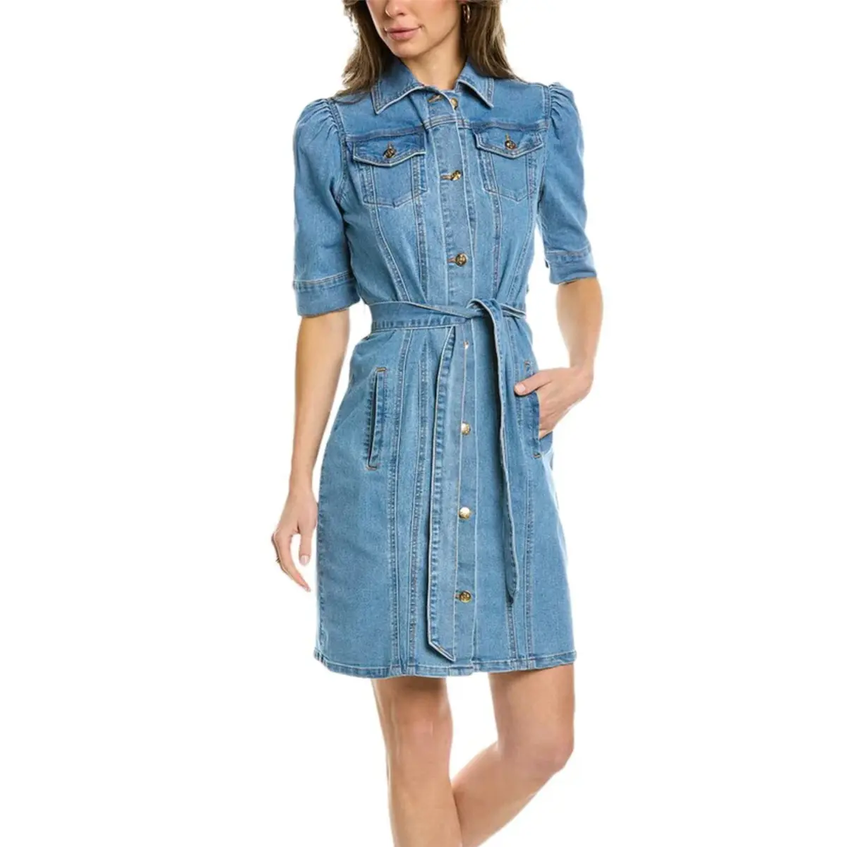 Nanette Lepore Women's Belted Button Front Stretch Denim Shirt Mini Dress 1