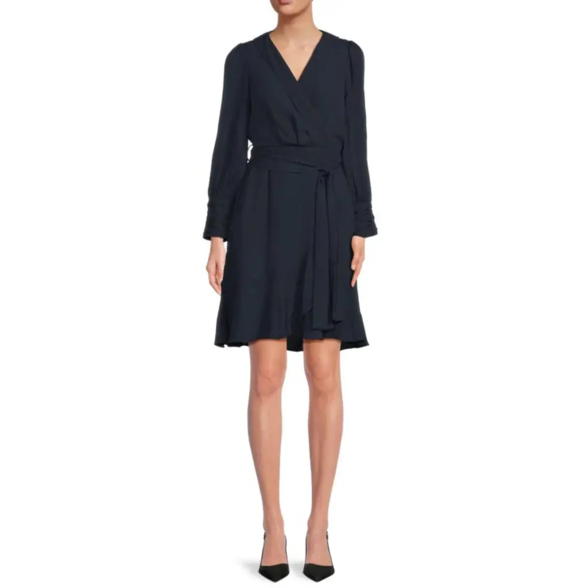 Nanette Lepore Women's Ruched Cuff Ruffle Tulip Hem Faux Wrap Mini Dress 1