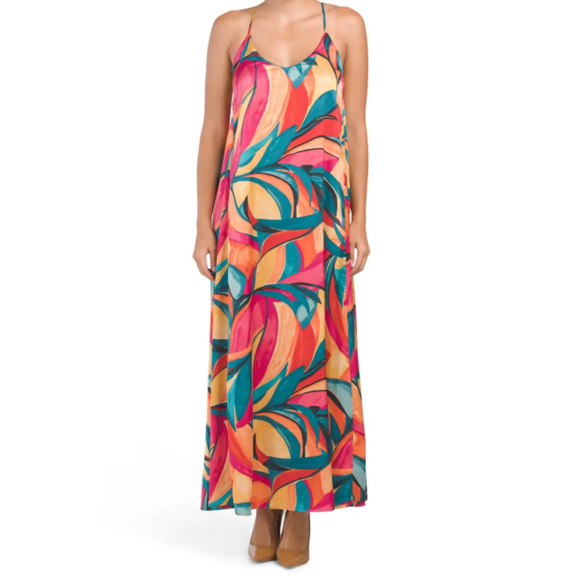 Nicole Miller Abstract Floral Print Slip On Satin Maxi Dress 1