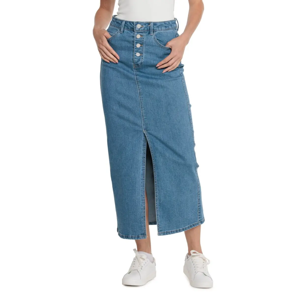 Oat New York Women's Five Pocket Style Front Slit Denim Maxi Skirt 1