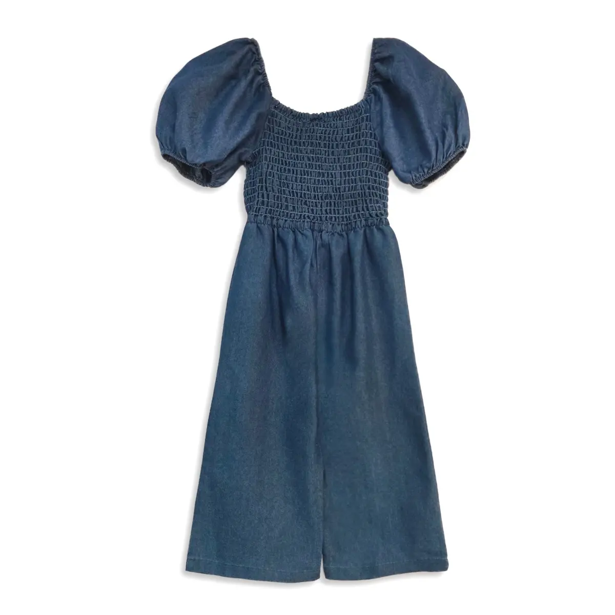 Vince Camuto Little Girl Smocked Bodice Puff Sleeve Denim Jumpsuit 1