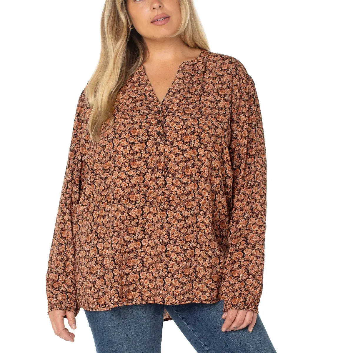 Well Worn Women's Floral Print Split Neck Long Sleeve Blouse 5