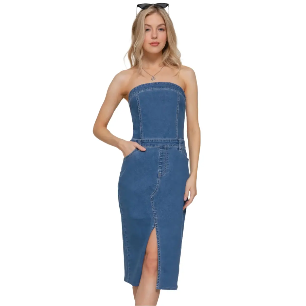 Women Stretch Denim Front Slit Tube Maxi Dress 1