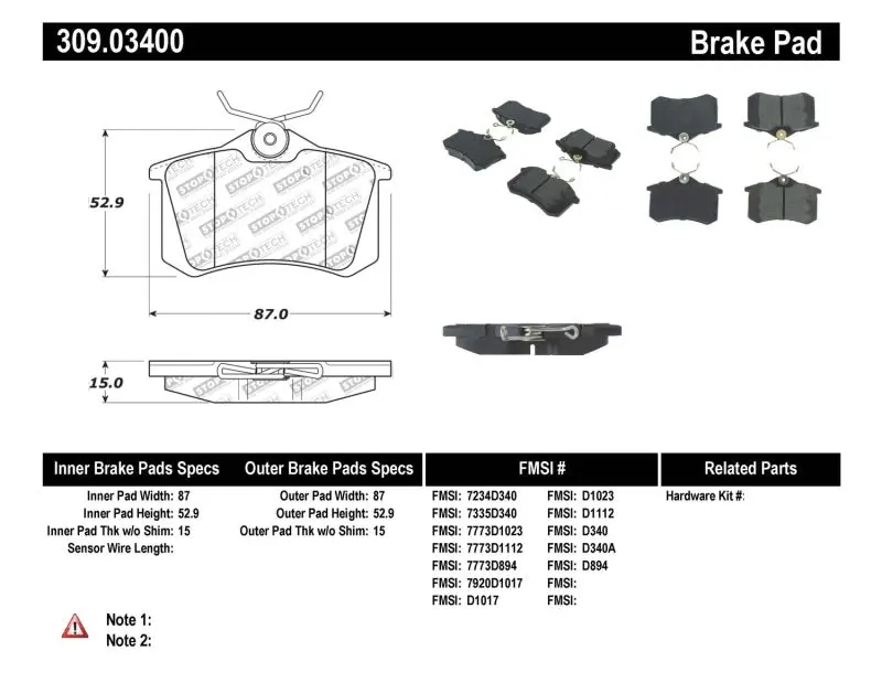 Stoptech 02-08 Audi A4 Quattro / 2/99-02 Audi S4 / 93-10 Vw Golf Gl/Gls Performance Rear Brake Pads 1
