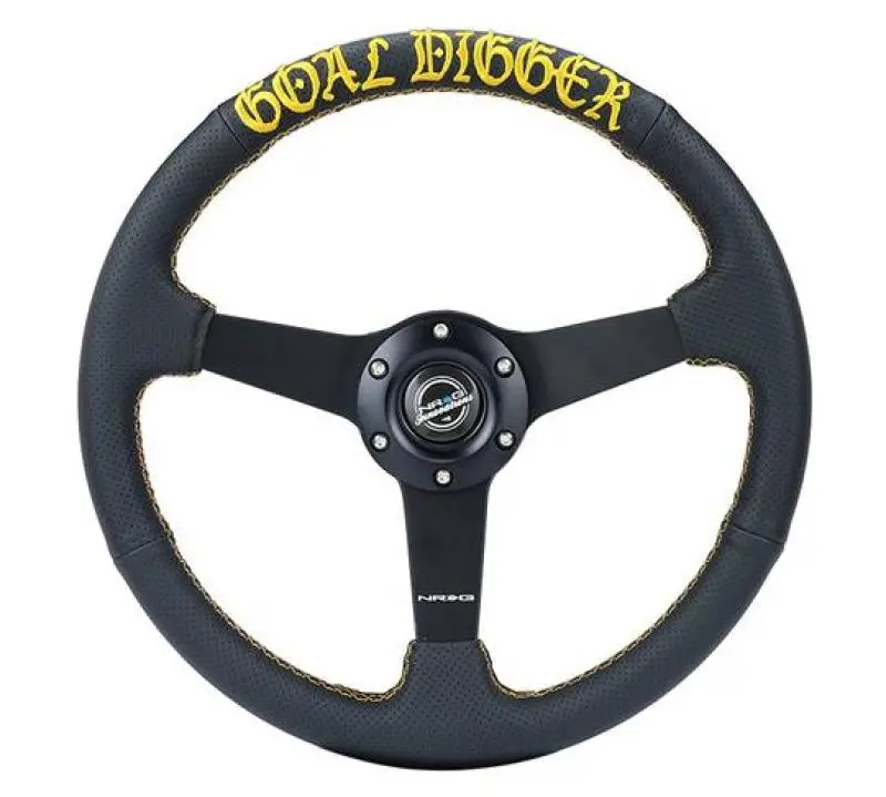 Nrg Sport Steering Wheel (350Mm / 1.5In Deep) Black Leather/Gold Stitch W/Matte Black Solid Spokes 1