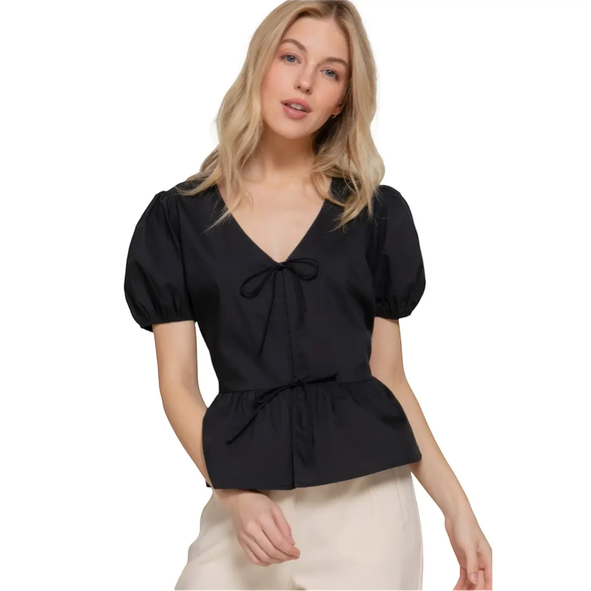 Women's Cotton Blend Short Puff Sleeve Tied Poplin Top Blouse 1