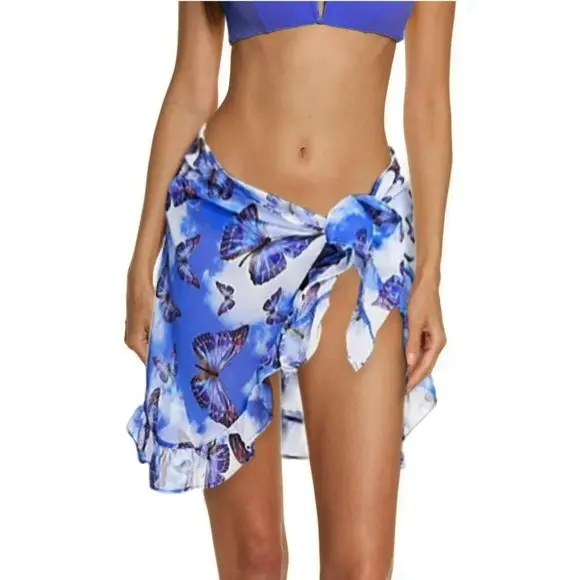 Moda Minx By Asos Butterfly Print Ruffle Trim Chiffon Sarong Pareo Cover Up 1